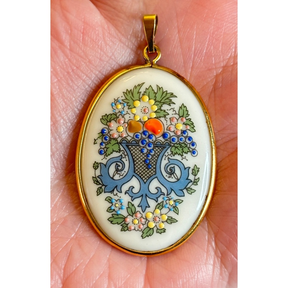 Vintage Lenox Floral Charm Porcelain Pendant Fruit Basket Oval 1980s Gold Tone